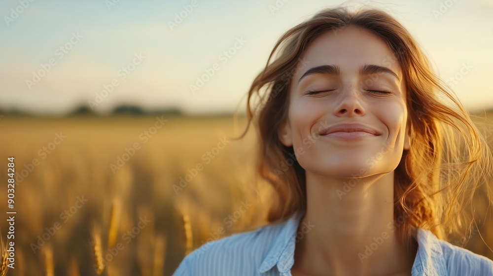 Backlit Portrait of calm happy smiling free woman with closed eyes enjoys a beautiful moment life on the fields at sunset Backlit Portrait of calm happy smiling free woman with closed eyes enjoys a beautiful moment life on the fields at sunset