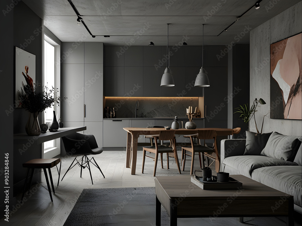 Modern Minimalist Studio Apartment with Grey Interior Modern Minimalist Studio Apartment with Grey Interior