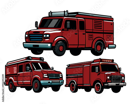 Set Firefighter vector isolated vintage fire truck hand drawn vector illustration.
