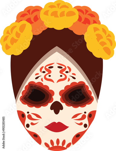 Illustration of a woman wearing traditional calavera makeup and a crown of cempasuchil flowers for dia de los muertos celebration