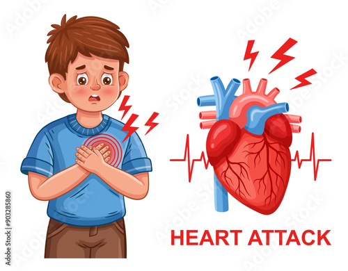 Heart attack, heartache, cardiac muscle failure stroke, cardiovascular system disease. Sick boy feels cardio hurt, chest pain, heartbeat. Cardiology medicine. Human internal organ. Health care. Vector