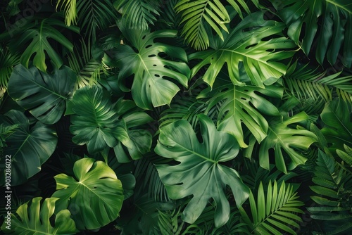 Wallpaper Mural A lush green jungle with many leaves and vines. The jungle is full of life and energy, and it gives off a sense of peace and tranquility Torontodigital.ca