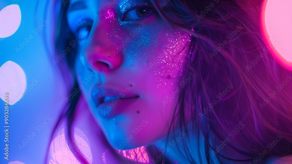 High fashion model metal silver lips and face woman in colorful bright neon UV blue and purple lights, posing in studio, beautiful girl, glowing makeup, colorful makeup. Glitter Bright Neon Makeup High fashion model metal silver lips and face woman in colorful bright neon UV blue and purple lights, posing in studio, beautiful girl, glowing makeup, colorful makeup. Glitter Bright Neon Makeup