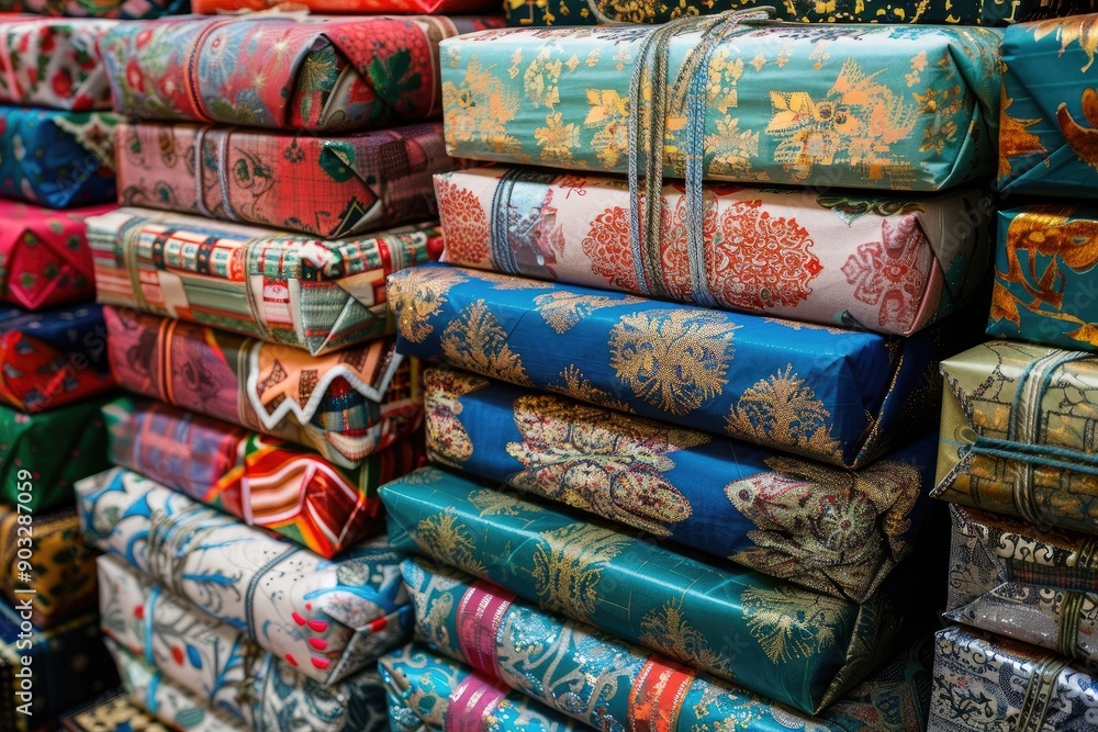 A stack of colorful wrapping paper with a variety of patterns and designs. The paper is piled high, creating a sense of abundance and excitement. The different colors and patterns suggest a festive A stack of colorful wrapping paper with a variety of patterns and designs. The paper is piled high, creating a sense of abundance and excitement. The different colors and patterns suggest a festive