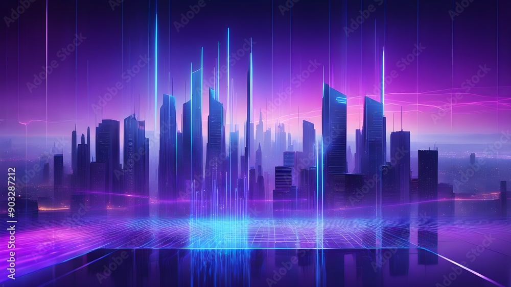 A cityscape with a purple sky and buildings in the background A cityscape with a purple sky and buildings in the background