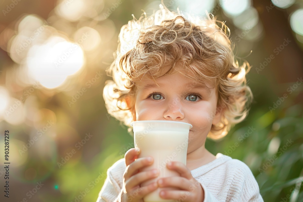 A young child is holding a cup of milk. The child has blonde hair and blue eyes. Concept of innocence and childhood A young child is holding a cup of milk. The child has blonde hair and blue eyes. Concept of innocence and childhood