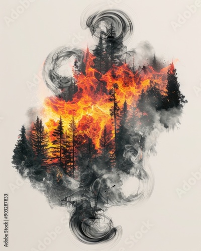Contemporary Art Collage of Forest Engulfed in Flames


