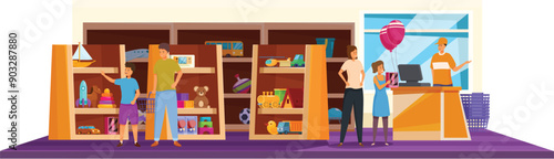 People choosing and buying toys in kids store with seller at counter illustration