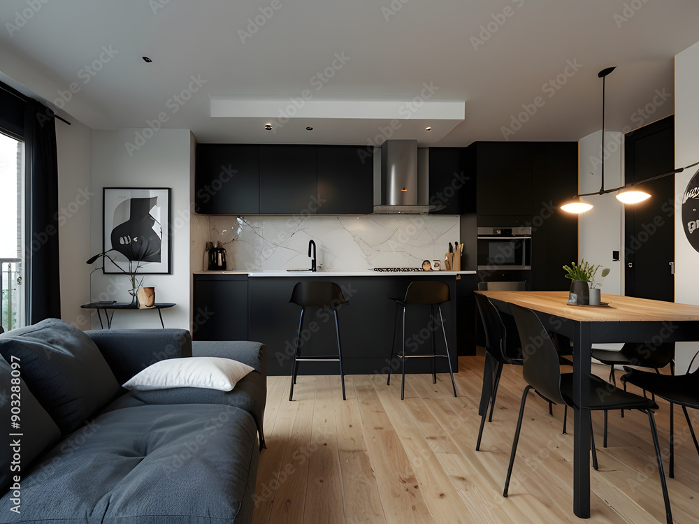 Fototapeta premium Elegant Compact Apartment with Integrated Living Area, Dining Table, and Black Kitchen 