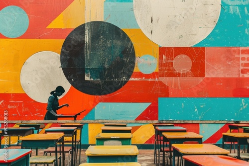 Contemporary Art Collage of Teacher Preparing Classroom for New School Year

