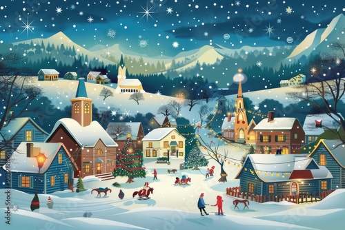 Snow-Covered Village on a Winter Night