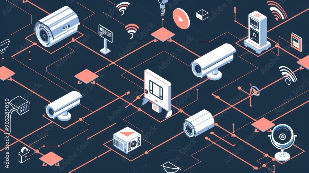 Security Camera Flowchart Security camera network diagram with connecting lines Stock ...
