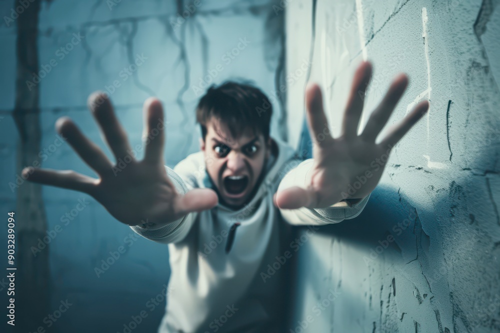 Distressed Individual Reaching Out in a Darkened Room at Midnight Distressed Individual Reaching Out in a Darkened Room at Midnight