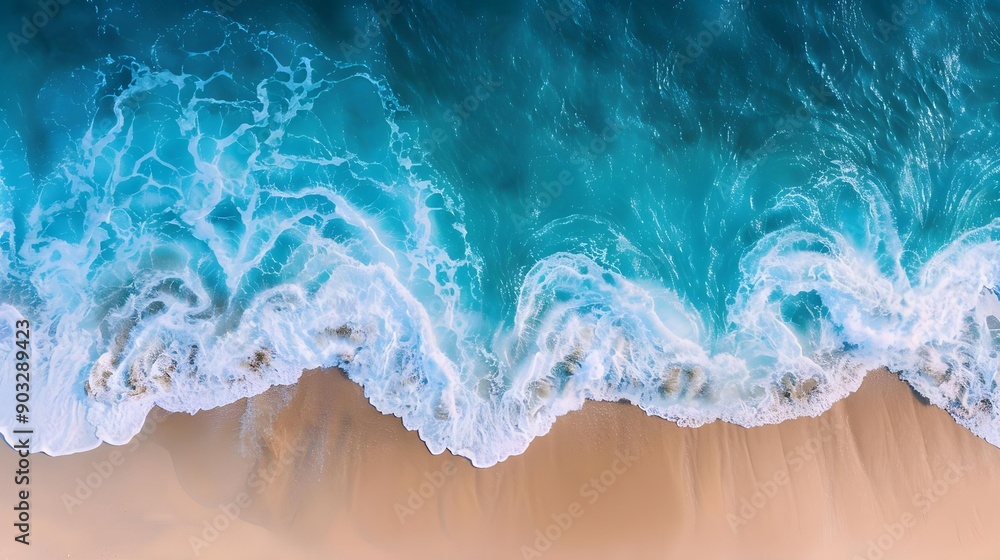 Fototapeta premium Aerial View of Sandy Beach and Ocean With Waves