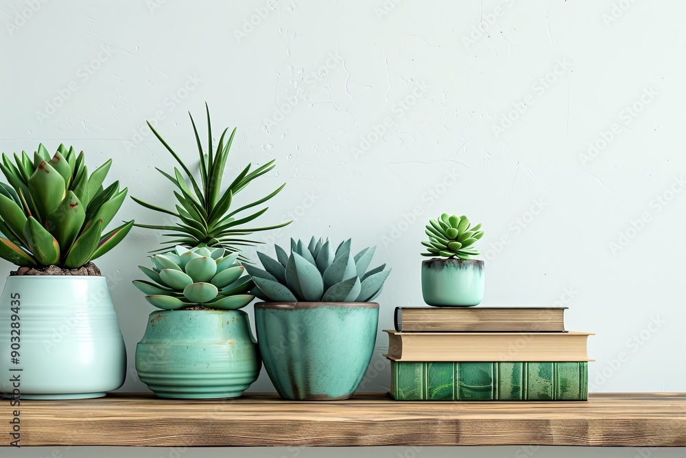 A shelf with a variety of potted plants and books. The shelf is made of wood and has a natural, rustic feel. The plants and books create a cozy and inviting atmosphere A shelf with a variety of potted plants and books. The shelf is made of wood and has a natural, rustic feel. The plants and books create a cozy and inviting atmosphere