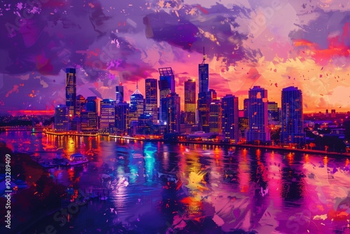 Colorful Abstract Art Painting of Brisbane Australia City Skyline Generative Illustration