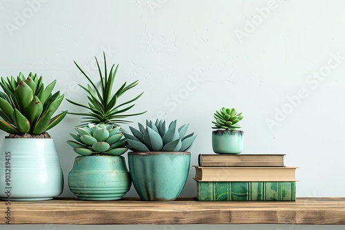 A shelf with a variety of potted plants and books. The shelf is made of wood and has a natural, rustic feel. The plants and books create a cozy and inviting atmosphere © At My Hat