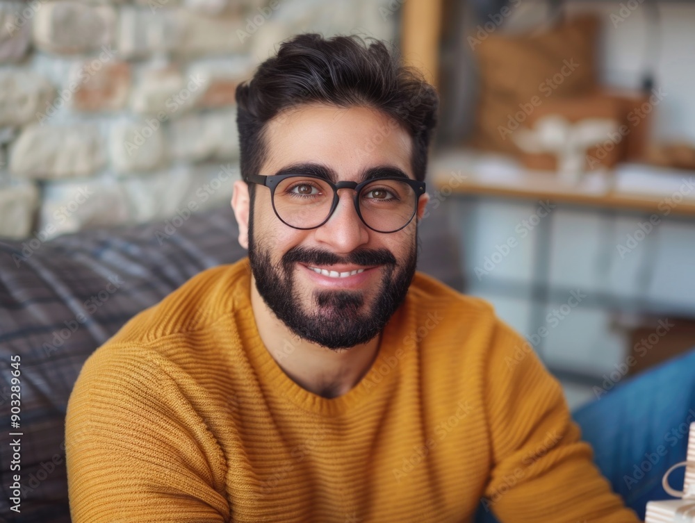 A person relaxing on a couch, wearing a beard and glasses A person relaxing on a couch, wearing a beard and glasses