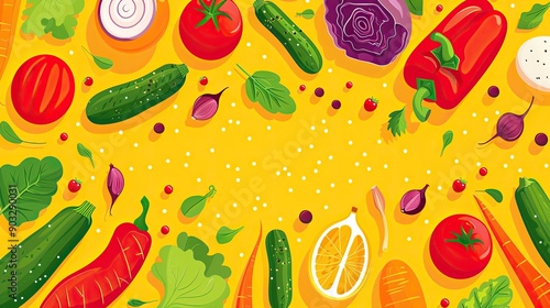 A colorful vegetable arrangement on a yellow background. The vegetables include carrots, tomatoes, cucumbers, and onions