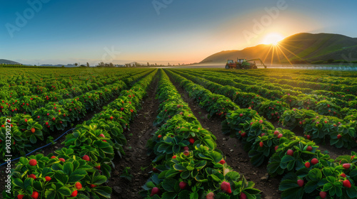 Sunrise over lush strawberry fields with a tractor working in the distance, highlighting agricultural beauty and productivity. photo