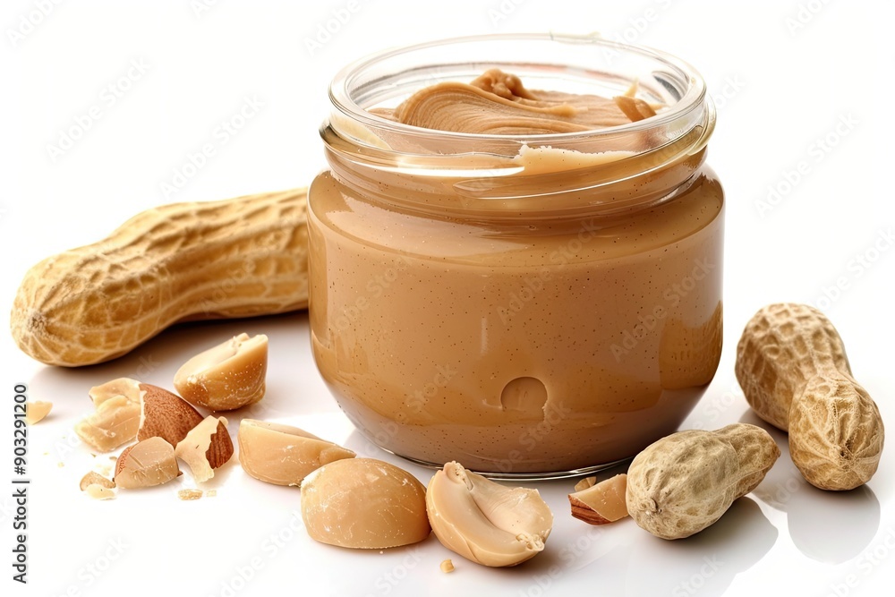 A jar of peanut butter sits on a table with a few peanuts scattered around it. The jar is half full, and the peanuts are spread out in various sizes and shapes. Concept of indulgence and comfort A jar of peanut butter sits on a table with a few peanuts scattered around it. The jar is half full, and the peanuts are spread out in various sizes and shapes. Concept of indulgence and comfort