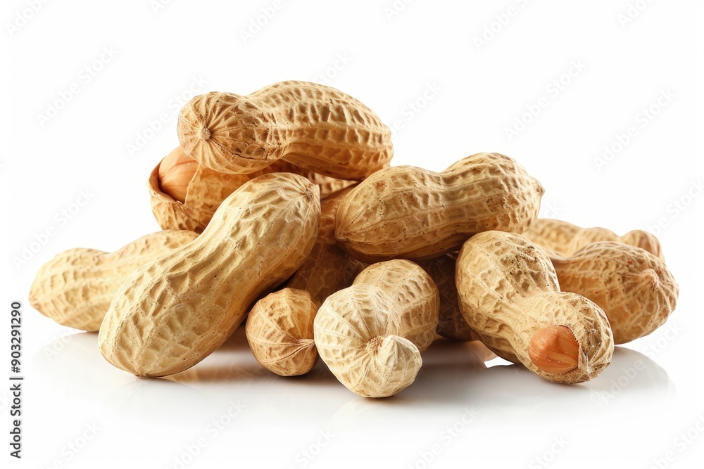 A pile of peanuts on a white background. The peanuts are all different sizes and shapes. Concept of abundance and variety A pile of peanuts on a white background. The peanuts are all different sizes and shapes. Concept of abundance and variety