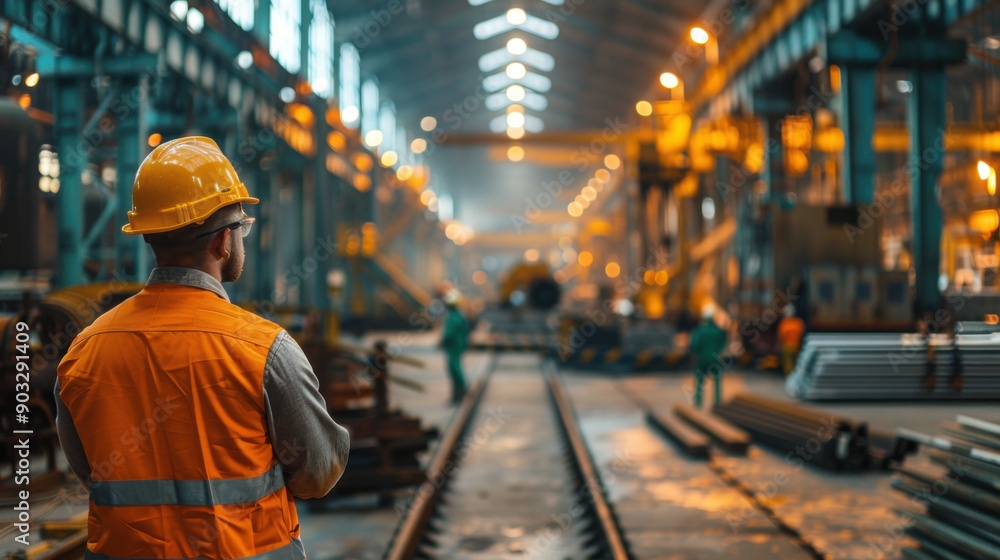 A worker in a hard hat and vest oversees operations in a large, well-lit industrial warehouse with equipment and materials. A worker in a hard hat and vest oversees operations in a large, well-lit industrial warehouse with equipment and materials.