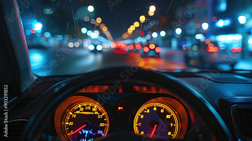 The view from the driver's seat of an electric car driving on city streets at night