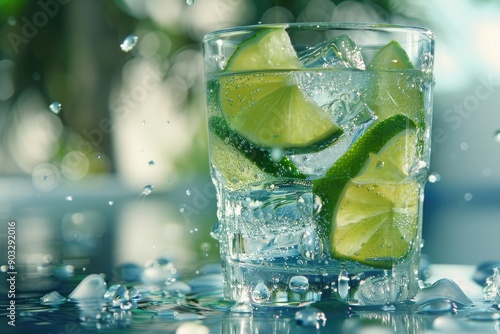 A glass of water with lime slices in it. The water is cold and refreshing. The lime slices add a tangy flavor to the drink