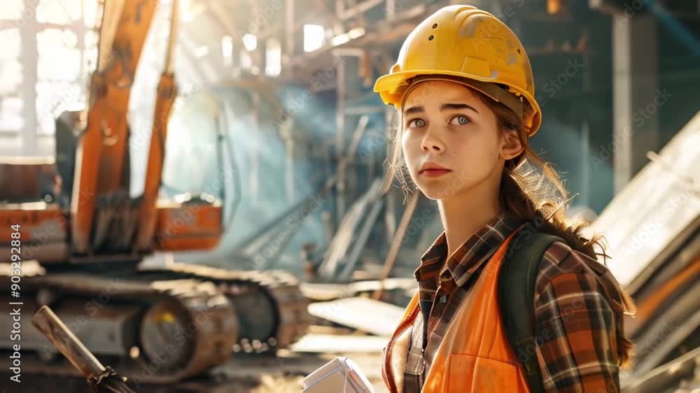 girl builder in a helmet against the background of a house construction site, a construction crane girl builder in a helmet against the background of a house construction site, a construction crane
