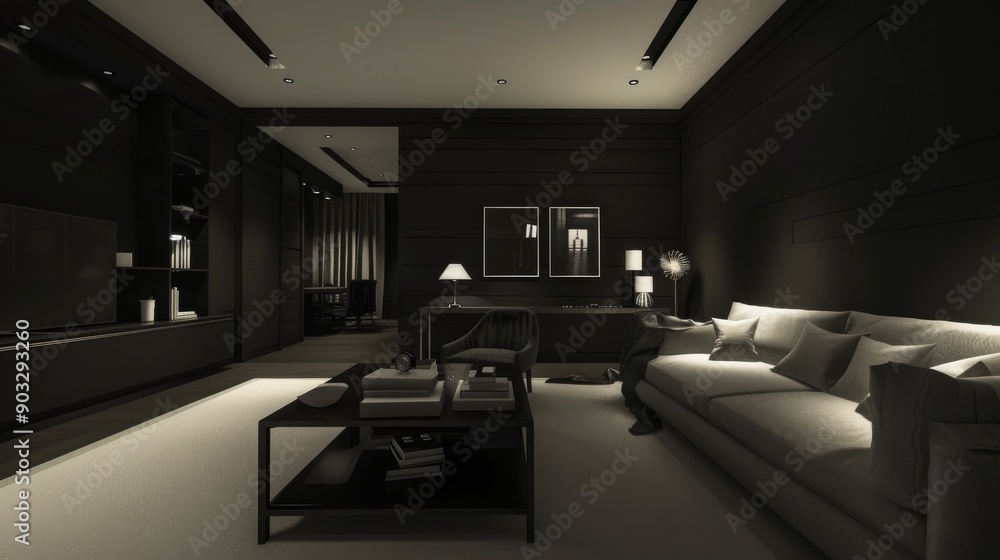 Modern Living Room with Black Walls and Plush Sofa Modern Living Room with Black Walls and Plush Sofa