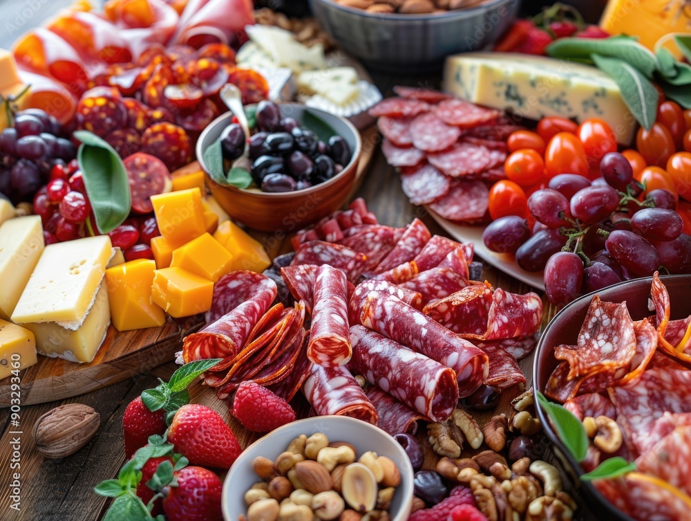 A colorful platter filled with various meats, cheeses, fruits, and nuts, perfect for snacking or entertaining A colorful platter filled with various meats, cheeses, fruits, and nuts, perfect for snacking or entertaining