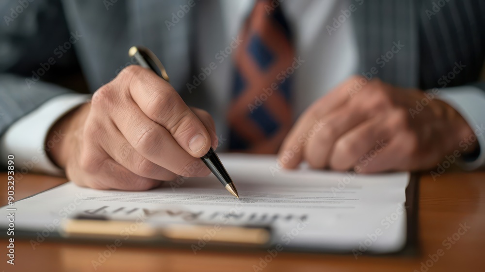 A business professional signs a document, showcasing attention to detail and commitment in a corporate environment. A business professional signs a document, showcasing attention to detail and commitment in a corporate environment.