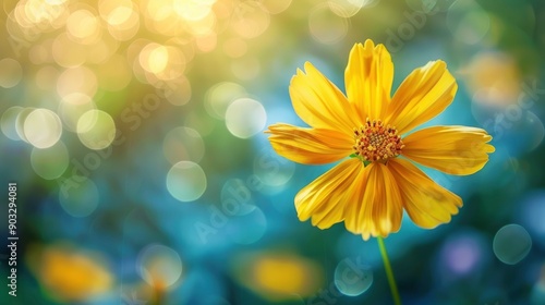 Blooming yellow flower in the morning on beautiful bokeh background, ai