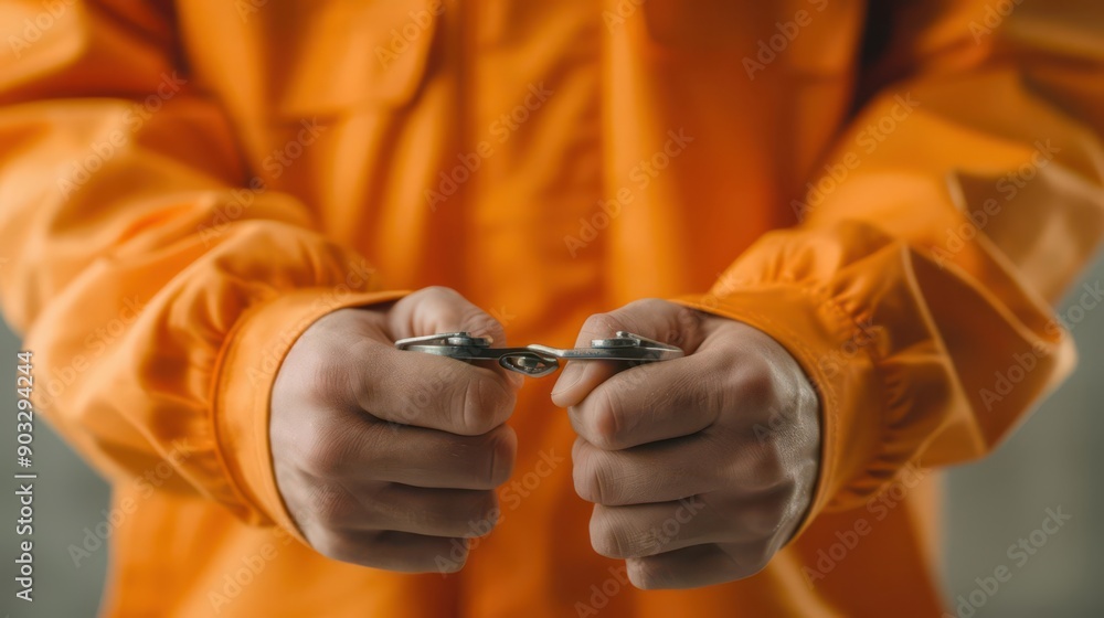 Fototapeta premium Person in handcuffs with bank statements, illustrating debt imprisonment