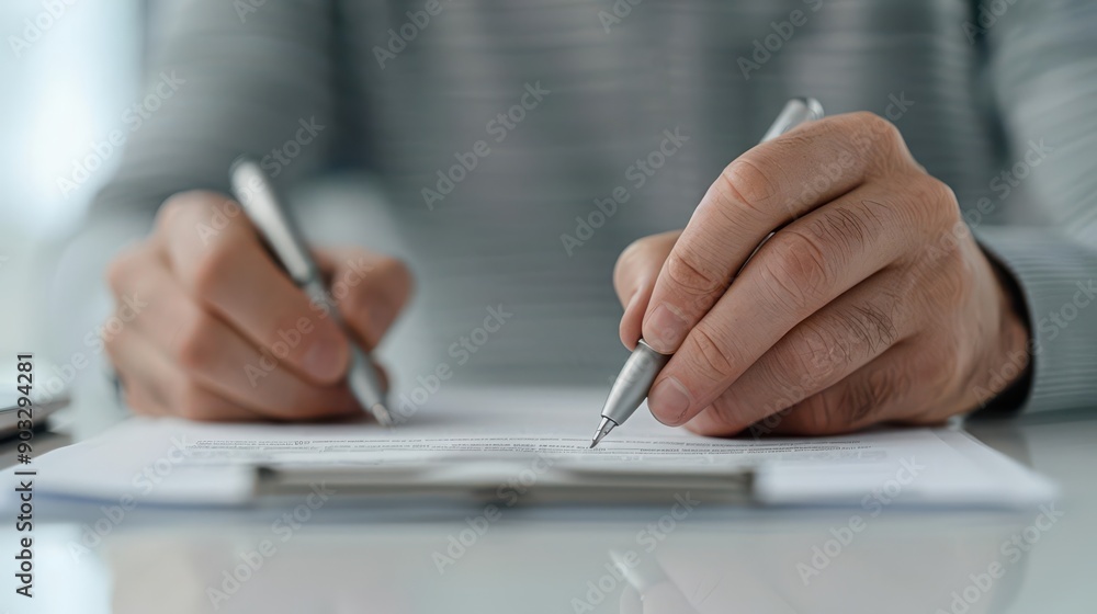 Professional working on debt negotiation paperwork, debt settlement concept Professional working on debt negotiation paperwork, debt settlement concept