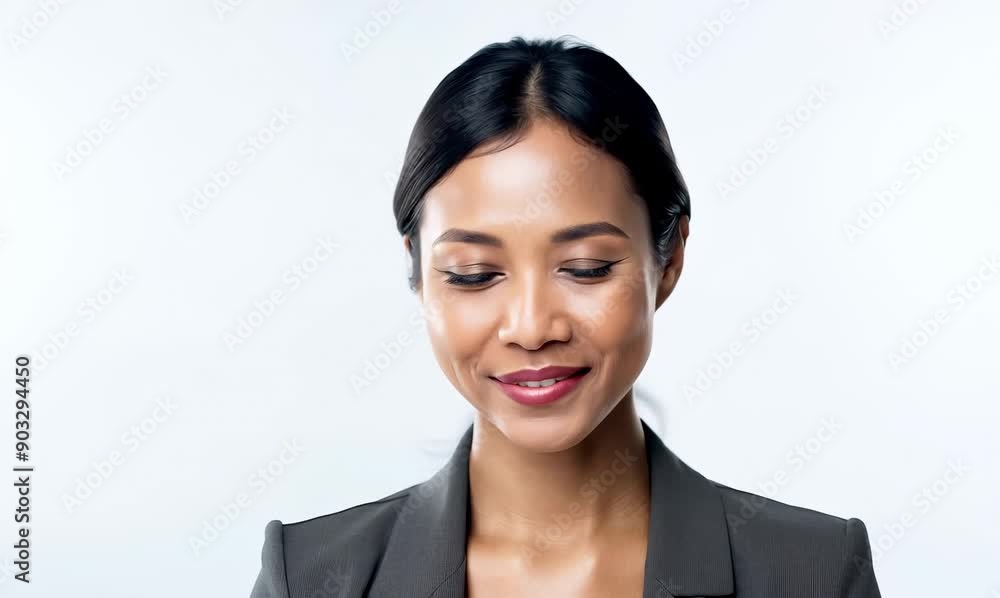 Portrait video of a satisfied Indonesian woman in her 30s wearing a classic blazer against a white background Portrait video of a satisfied Indonesian woman in her 30s wearing a classic blazer against a white background