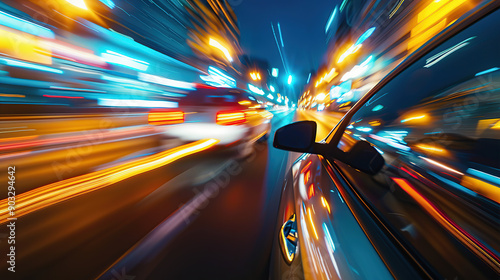 A yellow car was speeding along under a blurry street scene