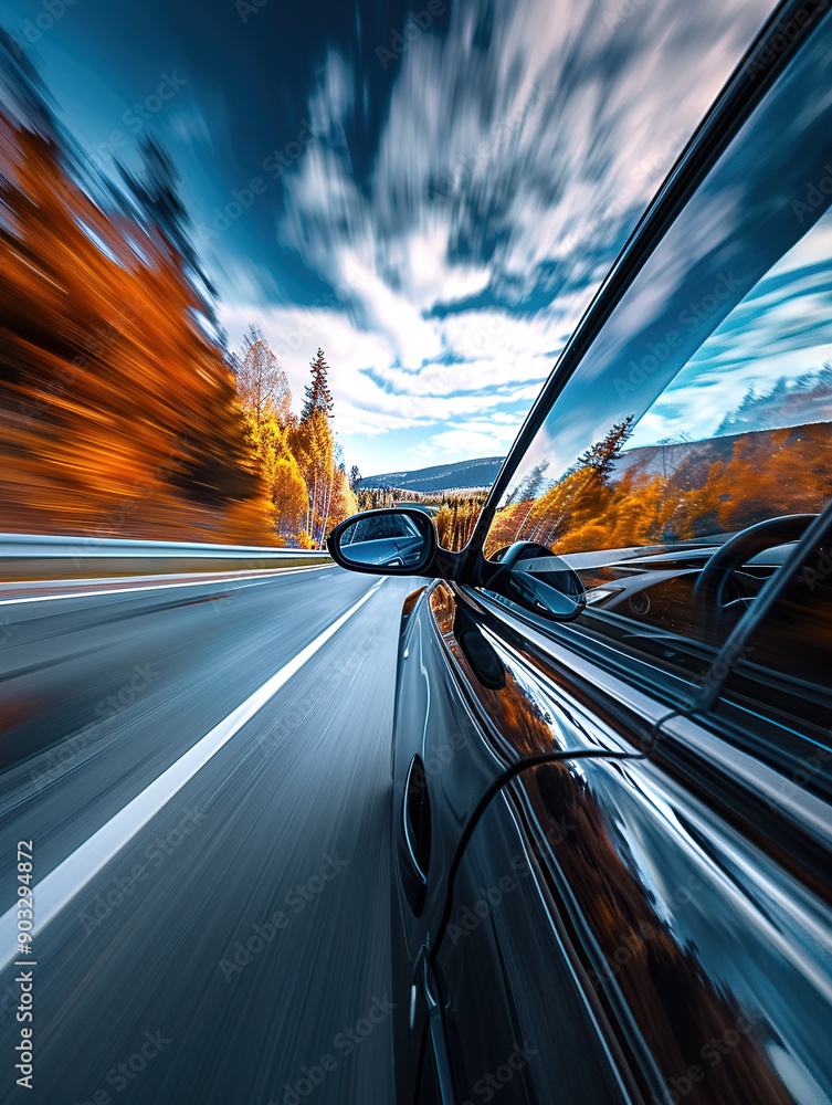 Fototapeta premium A car driving on the highway, with a motion blur effect,