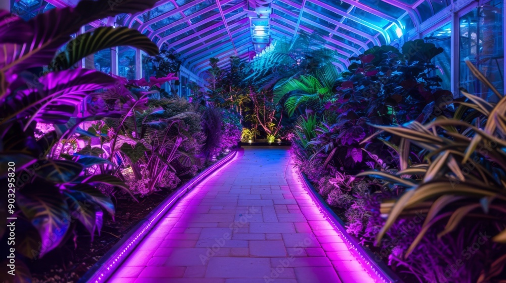 A pathway lined with purple LED lights leads through a lush, tropical greenhouse. A pathway lined with purple LED lights leads through a lush, tropical greenhouse.