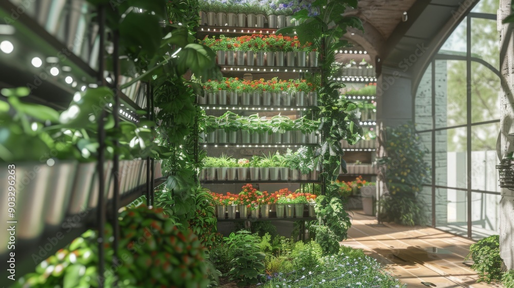 A lush, indoor vertical garden features a variety of plants growing in pots on shelves. Sunlight streams in through a large window. A lush, indoor vertical garden features a variety of plants growing in pots on shelves. Sunlight streams in through a large window.