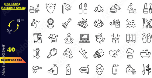 Set of outline icons related to beauty and spa. Linear icon collection.