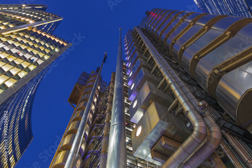 LONDON, GREAT BRITAIN - SEPTEMBER 18, 2017: The towers of Willis building and Lloyd's building at dusk.