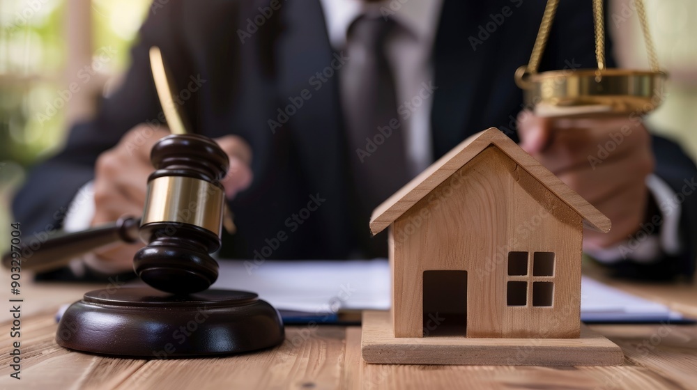 Male judge sitting at desk with gavel and small wooden toy house, working with documents, signing contract agreements. Real estate law, divorce property, house foreclosure and bankruptcy concept, ai Male judge sitting at desk with gavel and small wooden toy house, working with documents, signing contract agreements. Real estate law, divorce property, house foreclosure and bankruptcy concept, ai