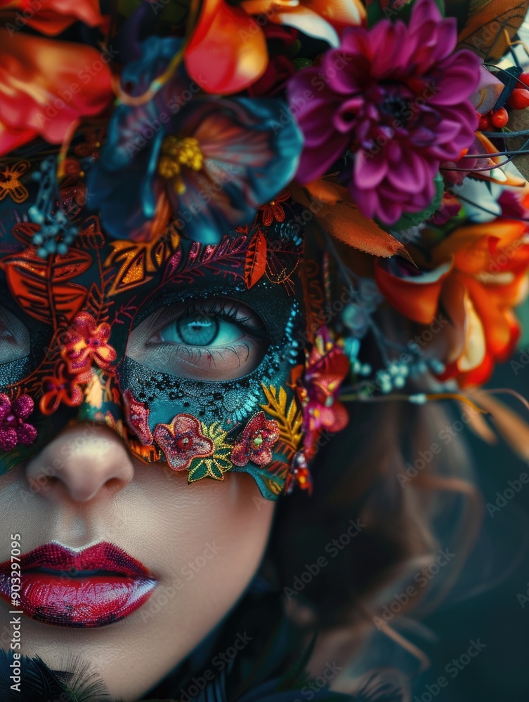 A close-up shot of a person wearing a mask adorned with flowers, ideal for use in a story about disguise or creativity A close-up shot of a person wearing a mask adorned with flowers, ideal for use in a story about disguise or creativity