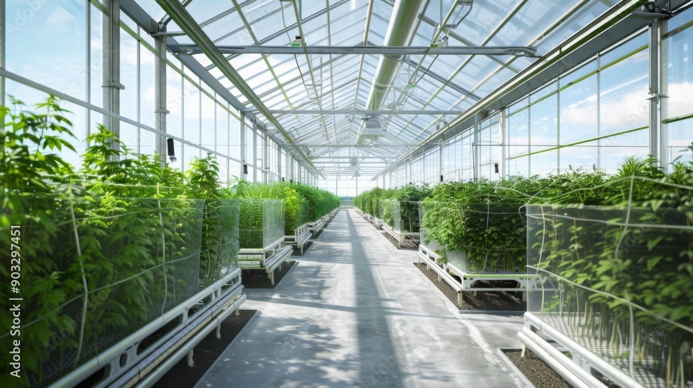 Rows of plants grow inside a large greenhouse, with sunlight streaming through the glass panels. Rows of plants grow inside a large greenhouse, with sunlight streaming through the glass panels.