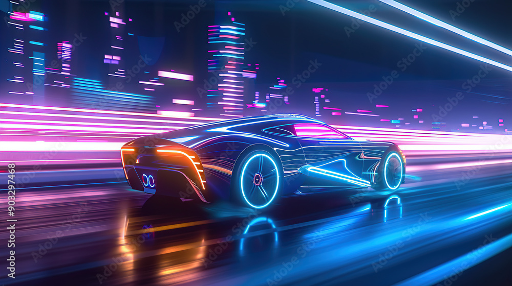A futuristic electric car with neon lights A futuristic electric car with neon lights