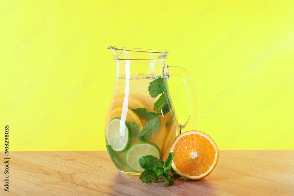 Fototapeta premium Freshly made lemonade with mint in jug on wooden table against yellow background