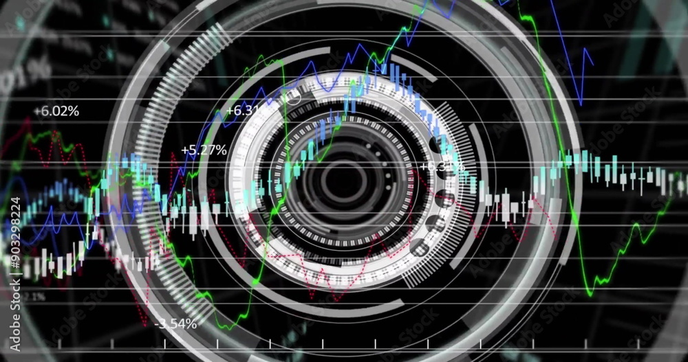 Obraz premium Image of financial data processing over scope and grid on dark background
