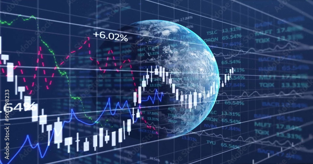 Image of financial data processing over globe on dark background Image of financial data processing over globe on dark background